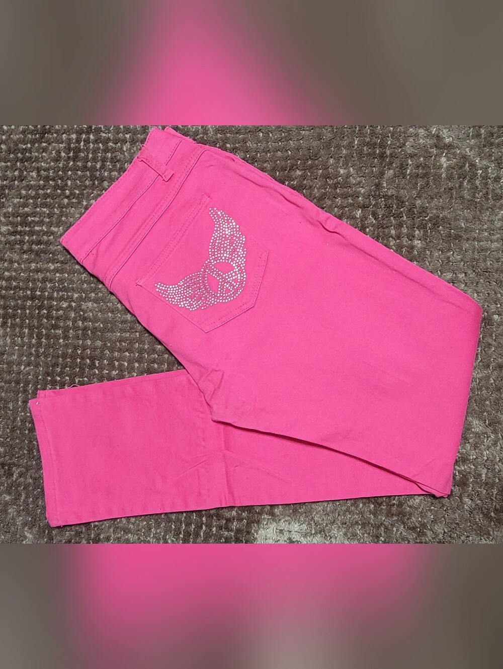 Angel Hot Pink Skinny Jeans with Rhinestone Wing